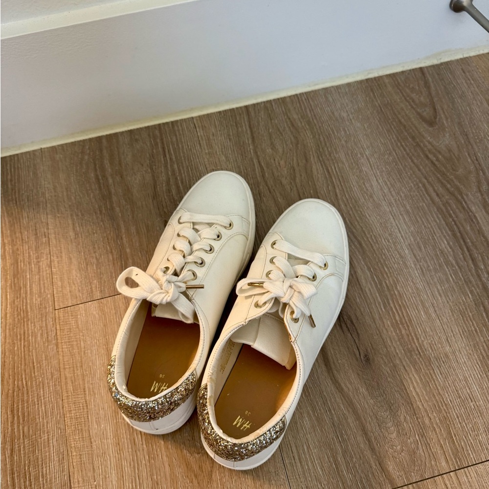 H&M Cream Sneakers with Glittering Gold Detail